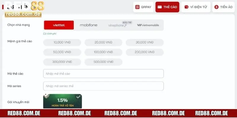 Các phương thức nạp tiền đang được Red88 hỗ trợ